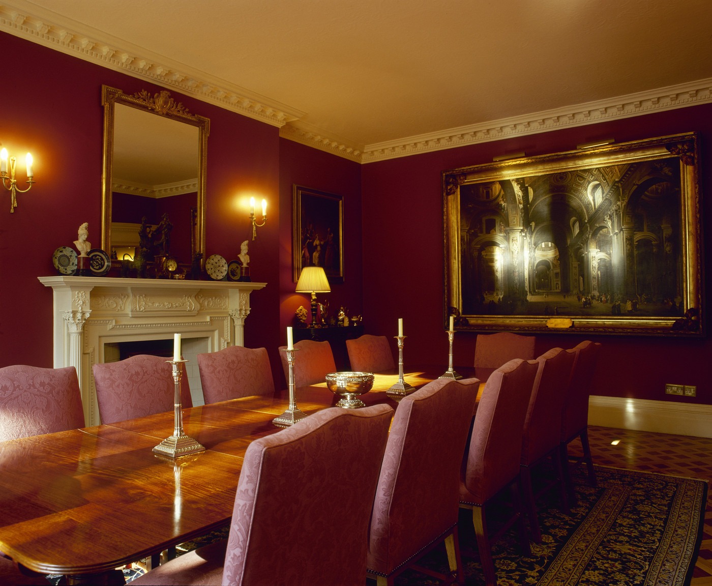 maroon and gold dining room