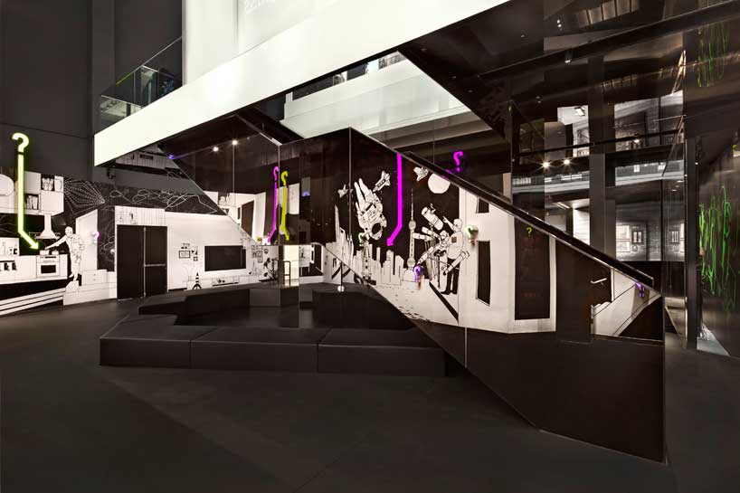 stairway to second storey displays